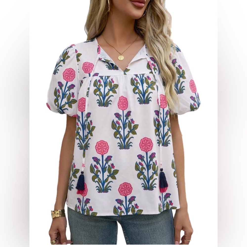 White Floral Boho Blouse XL Puff Sleeve Tassel Tie Top Boutique Blouse